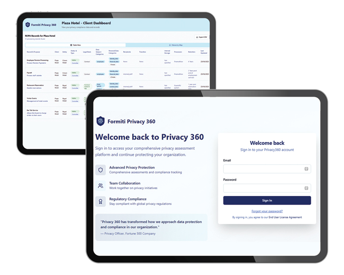 Image of two tablet screens displaying the Formiti Privacy 360 dashboard and login page with features for privacy assessment, compliance tracking, and user sign-in process for data protection and privacy management. 3 features of the tool are highlighted for enhanced organization privacy.