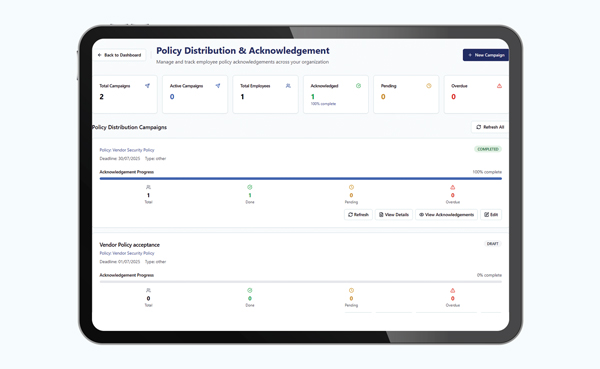 tablet displaying policy distribution and acknowledgment dashboard featuring campaign statistics with acknowledgments and completion status for eight policies